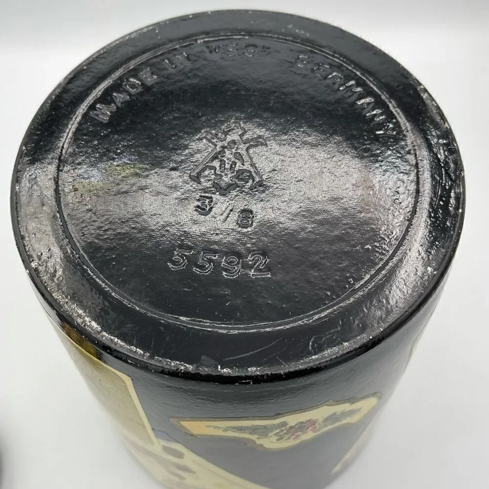 MidCentury W German Alcohol Label Decoupage Enameled Champagne Bucket & Coasters
